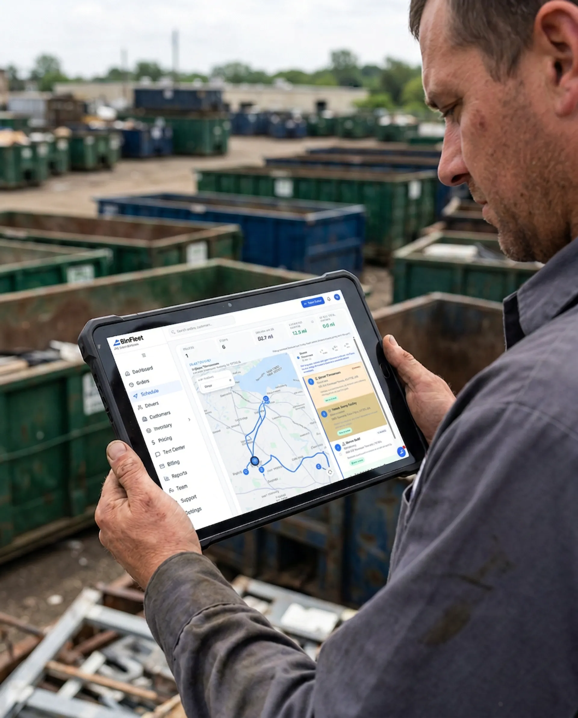 BinFleet AI software on tablet at a dumpster yard